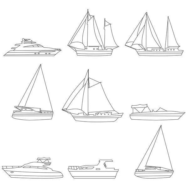 Sätt båtar, motorbåt, segelbåt, fartyg, yacht, ikoner, logotyp. Vektorfartyg och motorbåtar, linjärt redigerbar stroke, illustration — Stock vektor