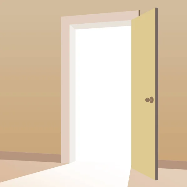 Nyitott ajtó fénysugarakkal a szobán belül. Az új út szimbóluma, kilépés, felfedezés, új lehetőségek. Üzleti motiváció. Vektorillusztráció — Stock Vector