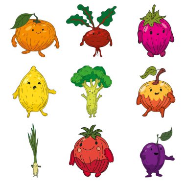Sebzeler el çizimi çizgi film karakterleri. Koleksiyon portakalı, pancar kökü, çilek, limon, brokoli, elma, domates, pırasa, erik