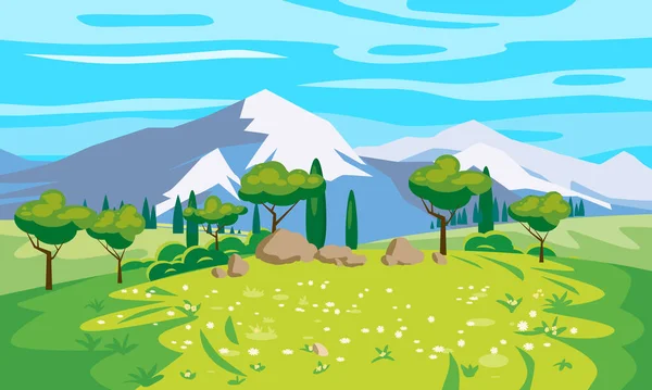 Blick auf die Landschaft, Berge, grüne Wiesen, Blumen, Bäume. Ländliche Natur, Reise durch die Landschaft. Vektorillustration — Stockvektor