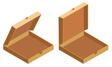 Pizza izometrik açık karton kutular, teslimat. Paket şablonu, düz tasarım. Vektör