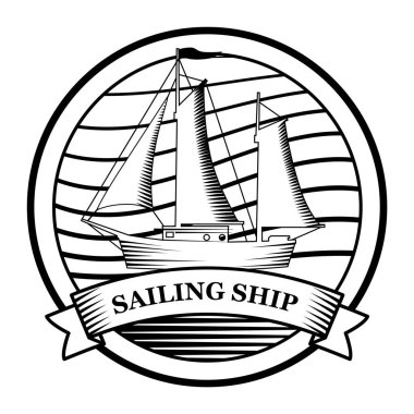 Yelkenli Gemi Logosu amblemi. Eski vektör çizimi deniz donanma simgesi