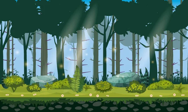 Waldlandschaft horizontal nahtlosen hintergrund für spiele-apps, design. Natur Wälder, Bäume, Sträucher, Flora, Vektoren — Stockvektor