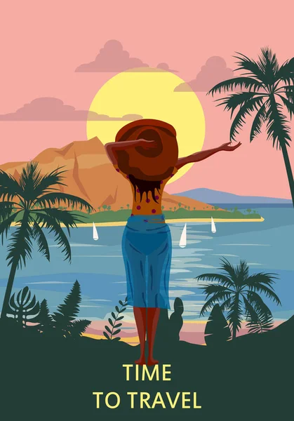 Mujer en balneario en ropa de playa sombrero rojo ordenando descanso. Vacaciones palmas tropicales flora exótica, mar, océano. Ilustración vectorial retro, vintage — Vector de stock