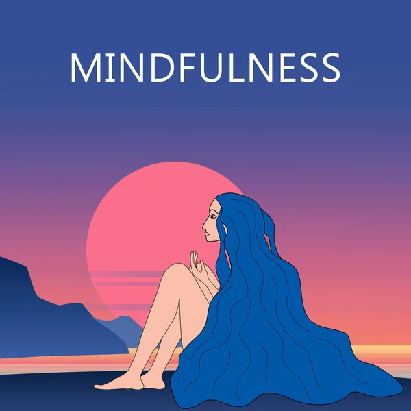 Giovane bella donna mindfullness sognando al tramonto costa dell'oceano. Godetevi vacanze estive pensiero positivo mentalità, meditazione. Lungomare tropicale visualizzazione banner poster piatto illustrazione — Vettoriale Stock