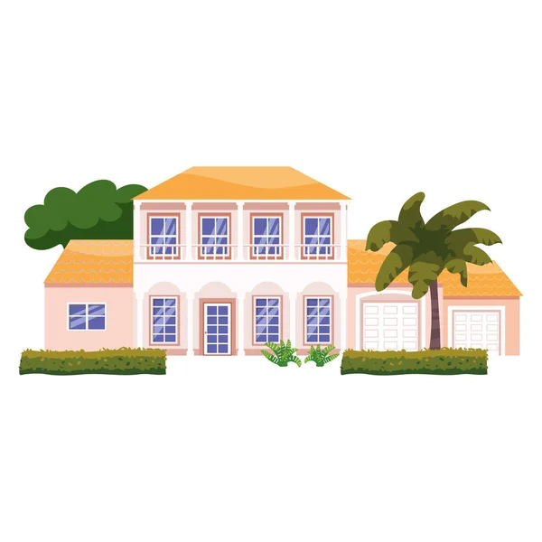 Mansion Residential Home Building, tropic trees, palms. House exterior facades front view architecture family cottage house or apartments, villa. Suburban property — Stock Vector