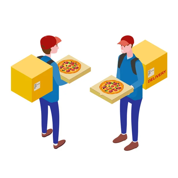 Mensajero con caja de pizza, vista frontal, vista trasera. Pizza Delivery Service Concepto isométrico. Envío rápido 24 7, banner de plantilla de pedido de comida en línea. Ilustración vectorial 3d aislado — Vector de stock