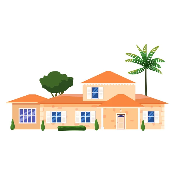 Mansion Residential Home Building, tropic trees, palms. House exterior facades front view architecture family modern contemporary cottage house or apartments, villa. Suburban property — Stock Vector