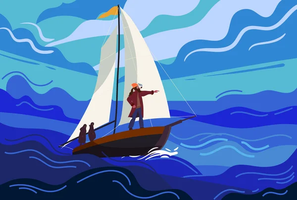Navio veleiro durante uma tempestade com um capitão corajoso navega em direção ao destino. Capa do mar, oceano, tempestade, chuva, ondas enormes, céu escuro. ilustração vetorial desenhos animados planos — Vetor de Stock