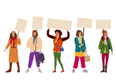 Protestocuların toplanması elinde boş pankartlar tutan bir kadın topluluğu. Eylemciler protesto ediyor, siyasi toplantı yapıyor, insan haklarını çiğniyor. Vektör çizimi izole edildi