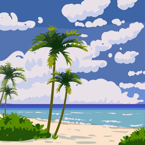 Praia tropical resort de verão, areia do litoral, palmas, ondas. Oceano, mar exotical praia paisagem, nuvens, natureza. Ilustração vetorial — Vetor de Stock