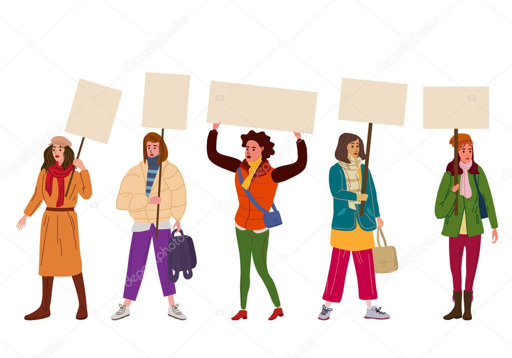 Collection of Protesters crowd woman holding empty banners. Activists protesting, political meeting, strike human rights. Vector illustration isolated
