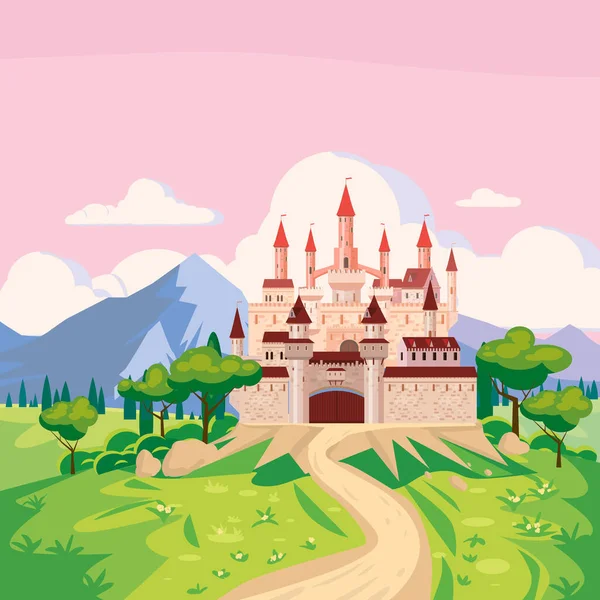 Fantasy landscape with Castle medieval Kingdom rural countryside. Fairytale background mountaines, trees, flora, field road to palace. Vector illustration — Stock Vector