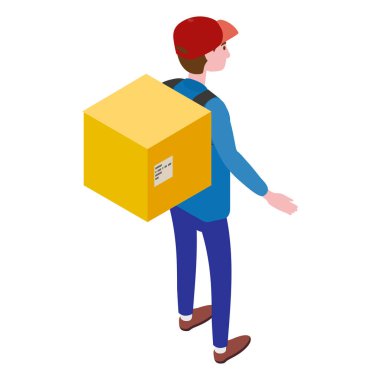 Kutulu kurye, arka görüş. Teslimat Servisi Isome konsepti. Hızlı 24 7 nakliye, çevrimiçi yemek sipariş şablonu afişi. Vektör illüstrasyonu 3d izole edildi