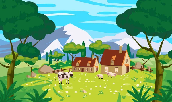 Деревенский пейзаж фермы вид, горы, зеленый луг, цветы, деревья. Деревенская природа, корова, овцы, здания. Векторная иллюстрация — стоковый вектор