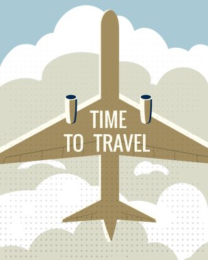Gökyüzünde Seyahat Uçağı Zamanı. Klasik yaz tatili posteri, afiş. Vektör illüstrasyonu düz biçim retro