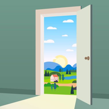 Doğa yoluna açık kapı. Peyzaj vadisi özgürlüğü, yeni çıkış yolu, keşif, fırsatlar. Gerçek dünyaya motivasyon konsepti. Vektör illüstrasyon çizgi film tarzı poster pankartı