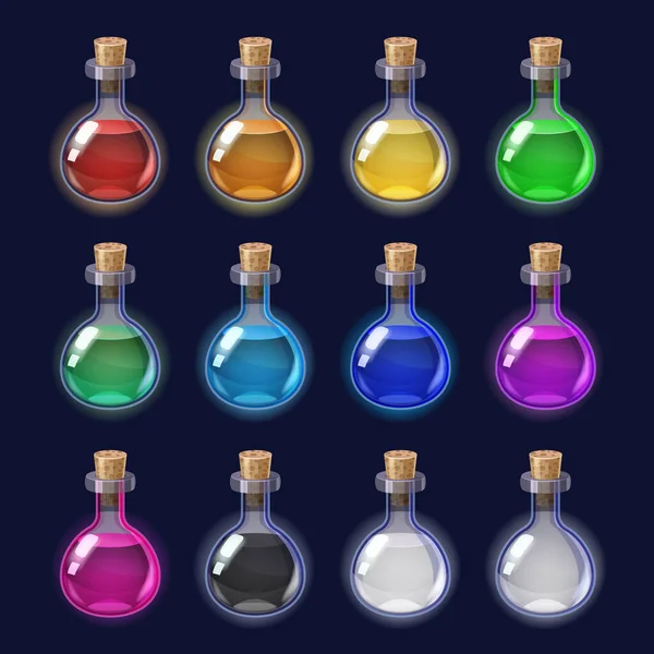 Σετ μπουκάλια υγρό φίλτρο μαγικό ελιξίριο πολύχρωμο. Εικονίδιο παιχνιδιού GUI για τη διεπαφή χρήστη παιχνιδιών εφαρμογών. Διάνυσμα απομονωμένο στυλ κινουμένων σχεδίων — Διανυσματικό Αρχείο