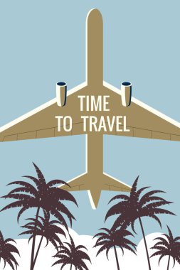 Gökyüzünde seyahat zamanı, tropik palmiyeler. Klasik yaz tatili posteri, afiş. Vektör illüstrasyonu düz biçim retro