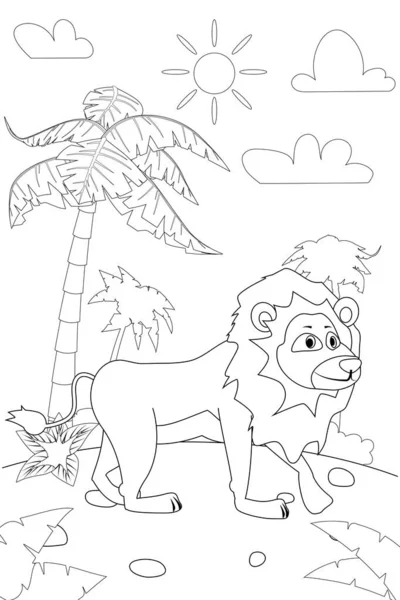 ジャングル、アフリカサファリ動物ライオン子供のための着色本の教育イラスト。ベクトルホワイトブラック漫画のアウトラインイラスト — ストックベクタ