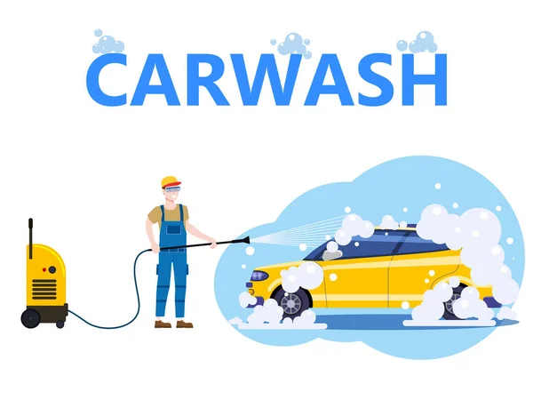 Car Washing Auto center station. Servicekraft mit Gerätewäsche, sauberem Auto, Schaumstoffblasen. Vektorabbildung isoliert — Stockvektor