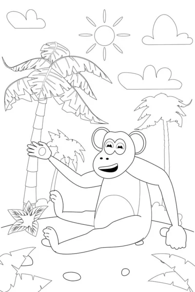 Selva, África safari animal Macaco colorir livro ilustração edicacional para crianças. Vetor branco desenho animado preto esboço ilustração — Vetor de Stock