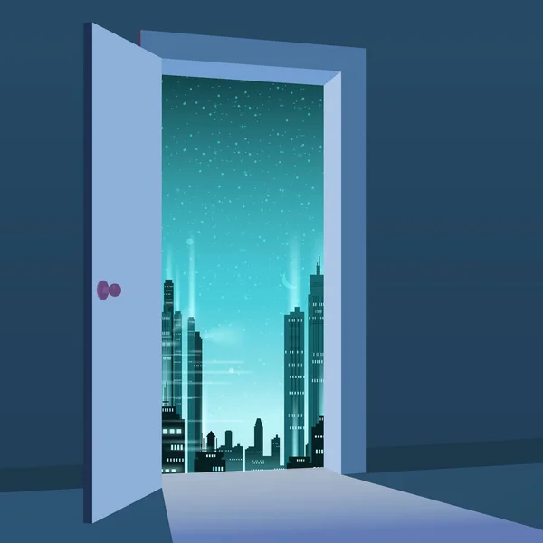 Offene Tür zur Natur. Stadt Nacht, Mond, Stadt, Symbol Freiheit, neue Wege Ausgang, Entdeckung, Chancen. Motivationskonzept in die reale Welt. Vektor Illustration Cartoon Stil Plakat Banner — Stockvektor