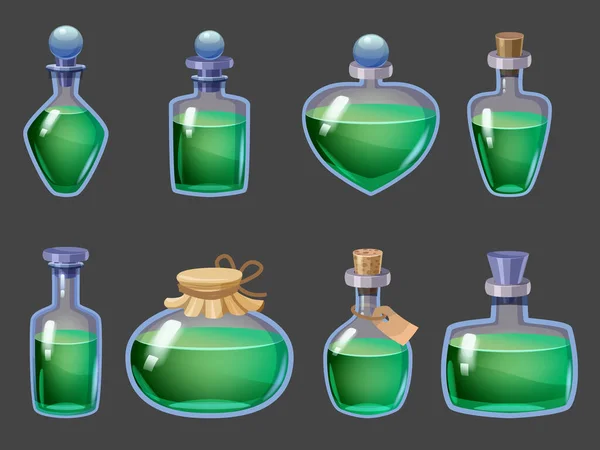 Σύνολο μπουκαλιών μαγικό ελιξίριο φαντασίας υγρό φίλτρο. Εικονίδιο παιχνιδιού GUI για τη διεπαφή χρήστη παιχνιδιών εφαρμογών. Διάνυσμα illstration απομονωμένο στυλ κινουμένων σχεδίων σε σκούρο φόντο — Διανυσματικό Αρχείο