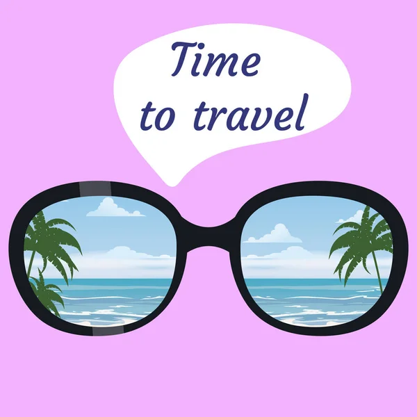 Tid att resa, solglasögon, semester, sommarsemester. Palmer, hav, hav, moln reflekteras i solglasögon. Affisch för vektorillustration — Stock vektor