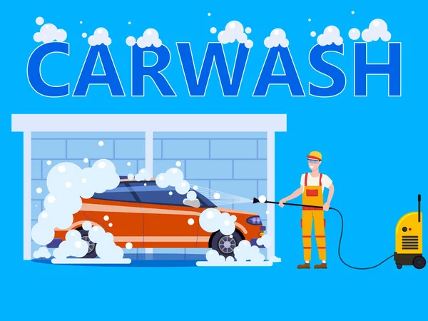 Station de lavage de voiture. Auto Service homme lavage des travailleurs, voiture propre, bulles de mousse. Illustration vectorielle isolée — Image vectorielle
