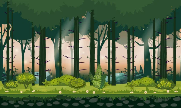 Waldlandschaft horizontal nahtlosen hintergrund für spiele-apps, design. Natur Wälder, Bäume, Sträucher, Flora, Vektoren — Stockvektor