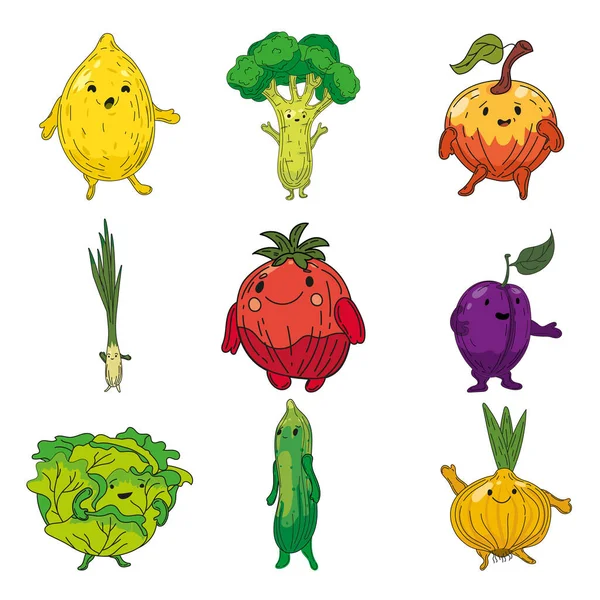Vegetales conjunto dibujado a mano personajes de dibujos animados. Colección de limón, brócoli, manzana, tomate, puerro, cebolla, ciruela, col, pepino, cebolla — Vector de stock