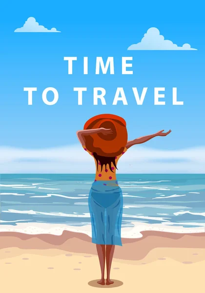 Жінка на приморському курорті в пляжному одязі червоний капелюх насолоджується відпочинком. Час подорожувати відпусткою, морем, океаном. Векторні ілюстрації — стоковий вектор