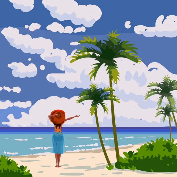 Mujer playa Isla Tropical disfrutar de vacaciones, resort de verano, arena de la costa, palmeras, olas. Océano, mar exótico paisaje de playa, nubes, naturaleza. Ilustración vectorial — Vector de stock