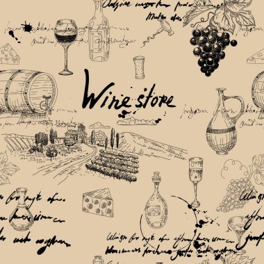 Seamless pattern Wine grape branche, bottles, glasses, vineyard, unreadable text, wooden barrel, chees, corkscrew. Doodle sketch hand drawing. Vector illustartion isolated retro clipart