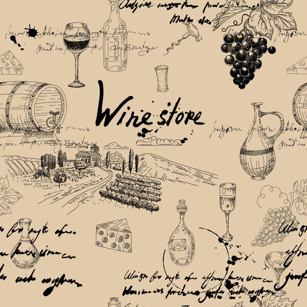 Seamless pattern Wine grape branche, bottles, glasses, vineyard, unreadable text, wooden barrel, chees, corkscrew. Doodle sketch hand drawing. Vector illustartion isolated retro