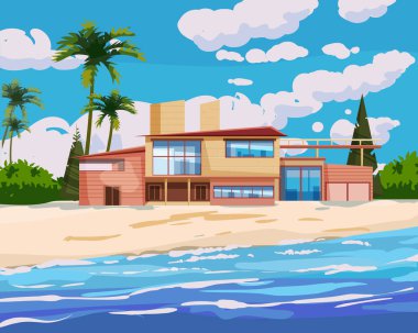 Tropikal egzotik ada kıyısında bir villa. Modern lüks kulübe, okyanus, sahil, palmiyeler ve bitkiler, yaz mevsimi manzara seachore. Vektör illüstrasyonu