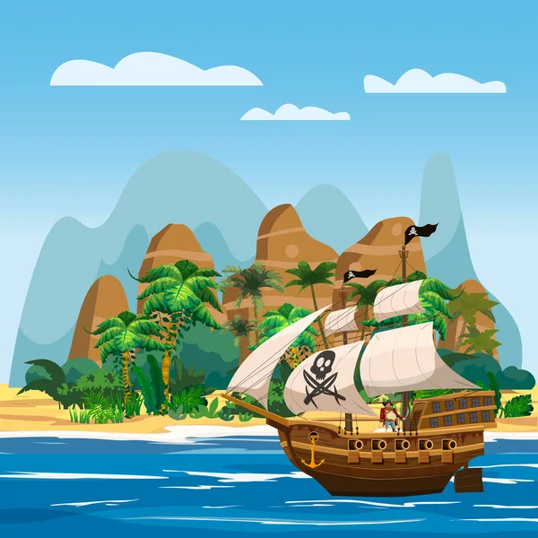 Nave pirata sotto vela in oceano, isola Tesoro tropicale, palme, montagne. Paesaggio marino, avventura, gioco. Illustrazione vettoriale — Vettoriale Stock