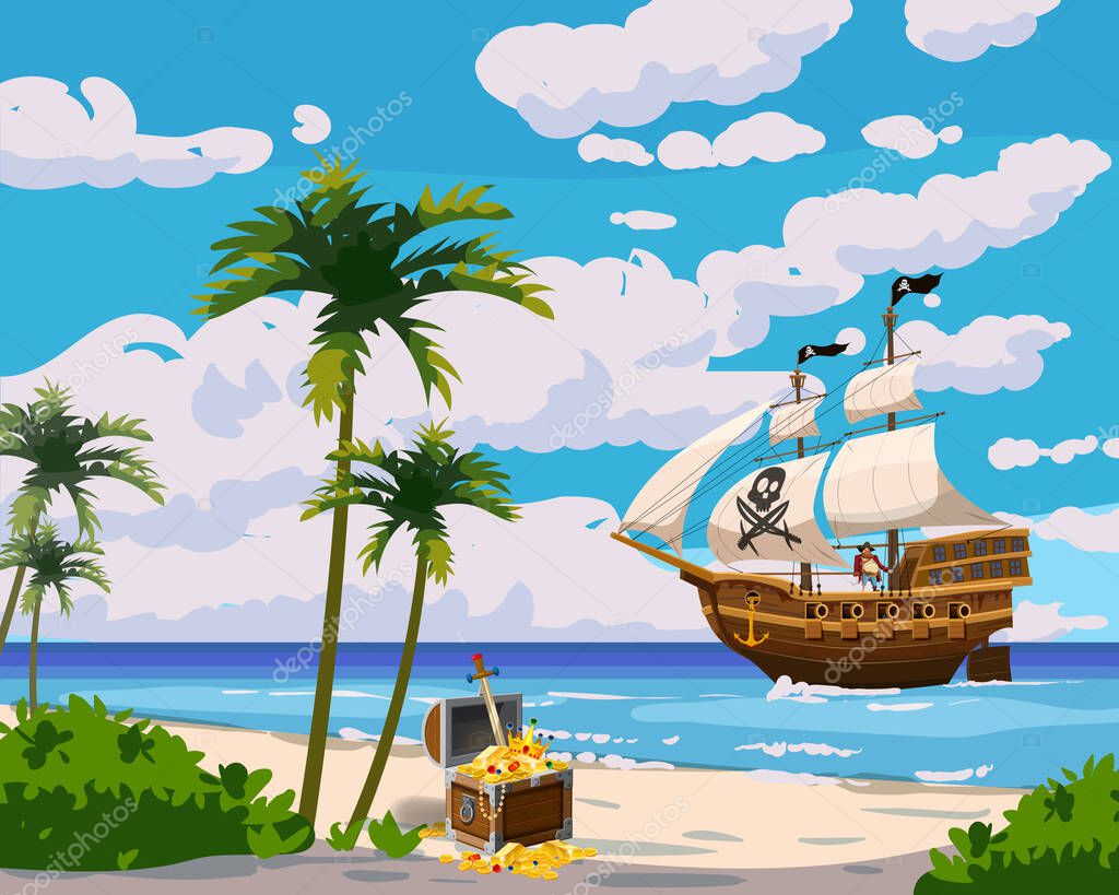 Tropical Island Pirate ship under sail in ocean, treasure cheast, tropical, palms. Sea landscape coast, beach, sand, adventure, game. Vector illustration