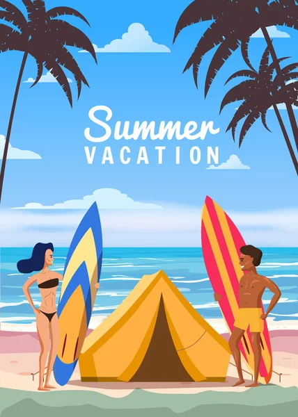 Surfers with boards and a beach tent are relaxing on the coast. Summer Vacation, man and woman travel to exotic resorts, palm trees, island, tropical. Vector, illustration, cartoon style, poster — Stock Vector