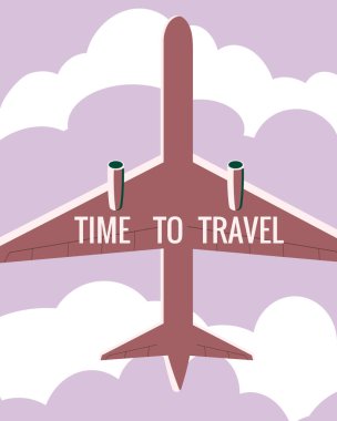 Gökyüzünde Seyahat Uçağı Zamanı. Klasik yaz tatili posteri, afiş. Vektör illüstrasyonu düz biçim retro