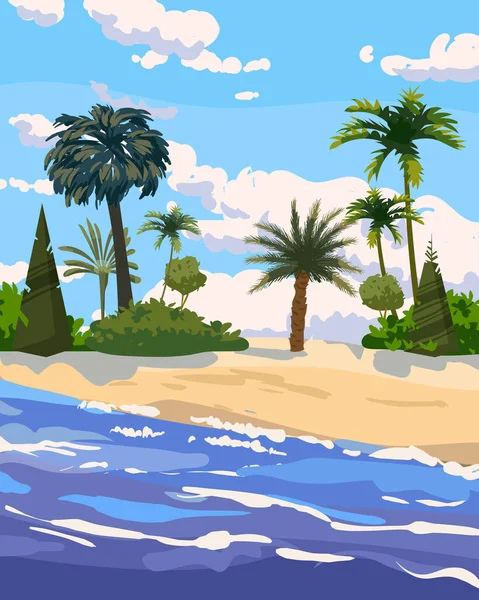 Praia ilha tropical, palmas e plantas. Costa mar oceano exótico, resort vista de verão à beira-mar. Ilustração vetorial — Vetor de Stock