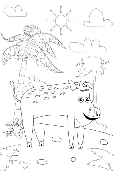 Giungla, Africa safari animali Cinghiale libro da colorare illustrazione editoriale per bambini. Vettore bianco nero cartone animato contorno illustrazione — Vettoriale Stock