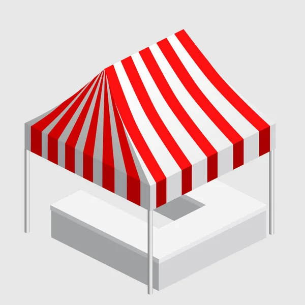 Un mercatino isometrico, una tenda. Chiosco a baldacchino, bancone, corde bianche rosse per fiera, street food, mercato, generi alimentari. Vettore isolato — Vettoriale Stock