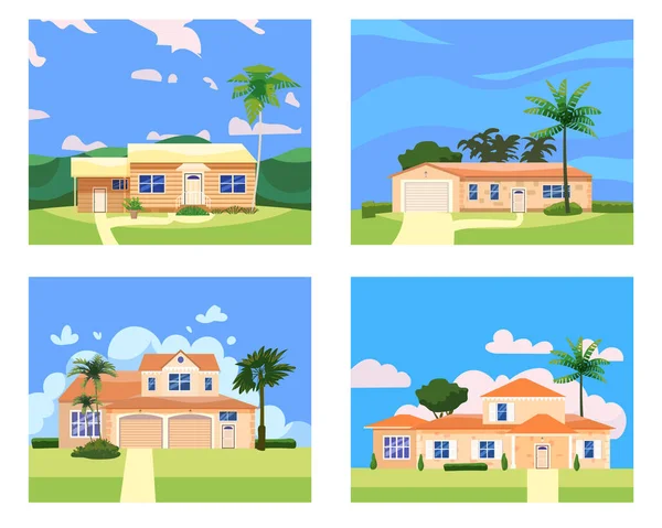 Collection Residential Home Buildings in landscape tropic trees, palms. House exterior facades front view architecture family cottages houses or mansions apartments, villa. Suburban property — Stock Vector