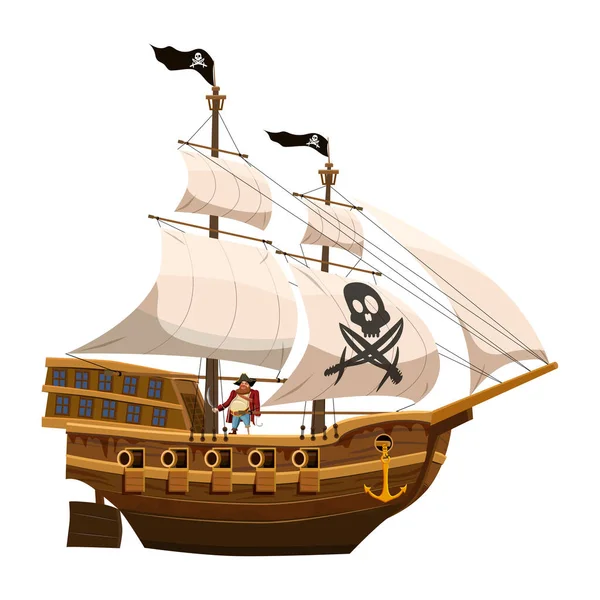 Piratenschip varen, houten oude zeilboot. Buccaneer filibuster corsair met zwarte vlag schedel, Jolly Rodger. Vector illustratie cartoon stijl — Stockvector