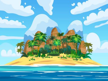 Tropik adalar, kaya dağları, egzotik bitkiler, palmiyeler, orman, deniz, okyanus, bulutlar. Yaz tatili. Vektör İllüstrasyonu