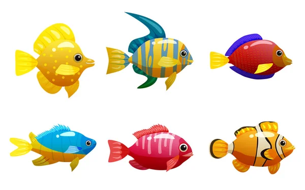 Set Peixe amarelo tropical, recife de coral animal de estimação exótico. Coleção Aquário vida marinha, vetor illustartion estilo cartoon — Vetor de Stock