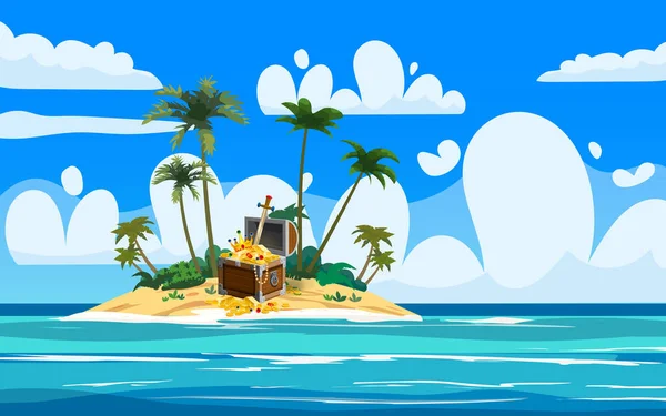 Клад экзотический тропический остров, древний пиратский сундук с сокровищами, череп, растения, пальмы, море, океан, облака. Морской пейзаж побережья, пляж, песок, приключение, игра. Векторная иллюстрация — стоковый вектор