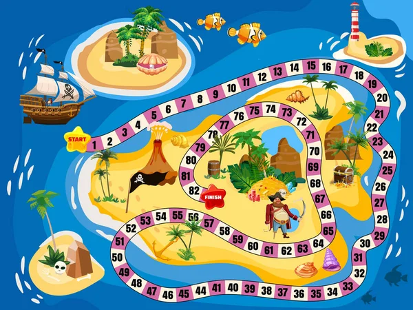 Treasure Island Pirate Board Game Map. Ocean route Reis avontuur piraat marineschip, stapel goud schat, voor kinderen. Vectorillustratie — Stockvector